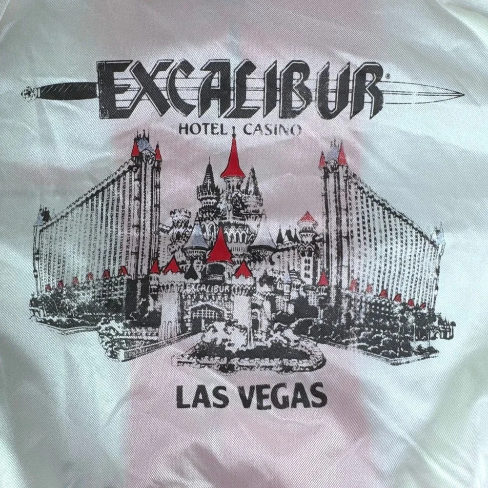 Vintage Excalibur Hotel Casino Las Vegas White Satin Bomber Jacket Mens Large